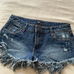 Distressed, frayed jean shorts
